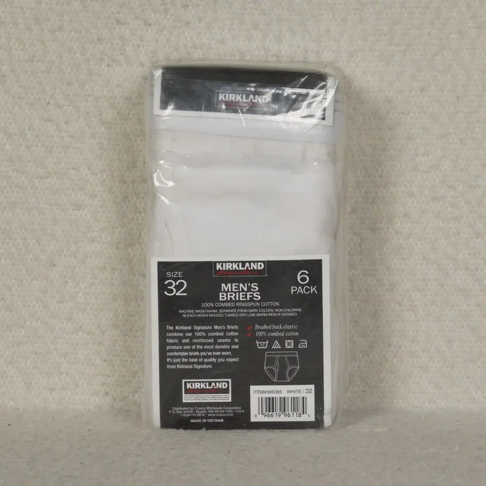 Kirkland Signature Mid-Rise Briefs 6-Pack Mens 32 White Combed Cotton Underwear